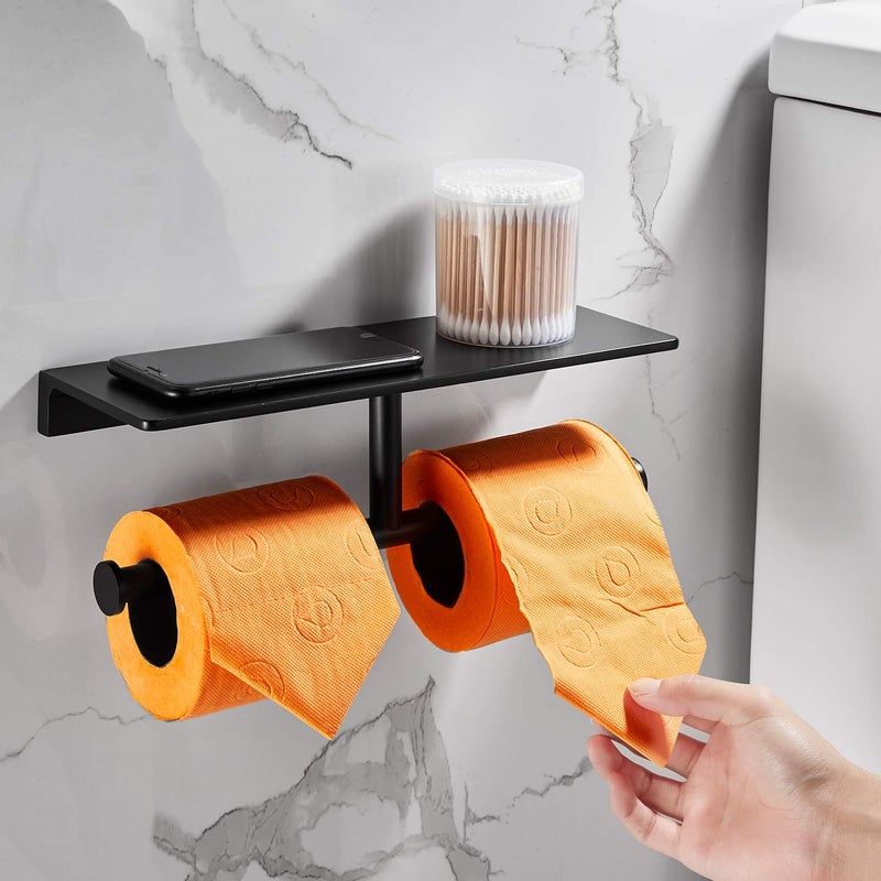 LANGPAI Double Roll Toilet Paper Holder with Shelf Solid Brass and Superior Hotel Style Tissue Dispenser Spared Storage Matte Black Finish - Image 2